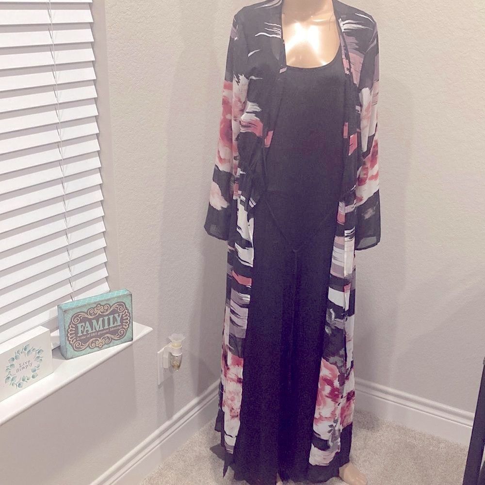 New Ashley Stewart black maxi slip dress with colorful duster top
